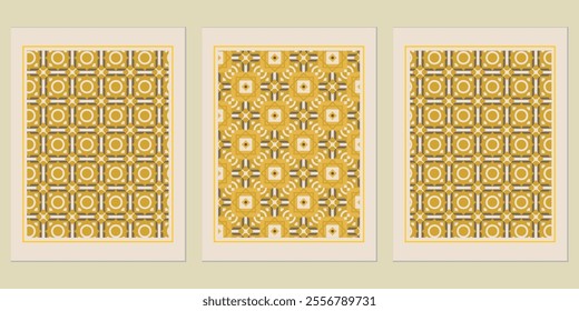 Retro Golden geometric vector trendy pattern backgrounds set - elegant posters with Bauhaus influence.