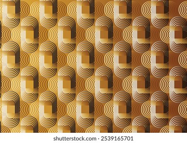 Fundo de padrão geométrico gradiente dourado retro, círculo abstrato vetorial, triângulo e arte de linhas quadradas.