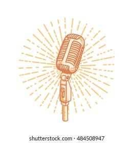 Retro golden microphone. Hand drawn retro illustration with sunburst, isolated on white. Suitable for banner, ad, t-shirt design. Vintage design element