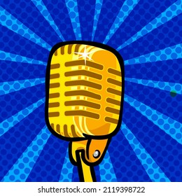 Retro golden microphone in pop art style on blue background. Design element for poster, emblem, badge. Vector illustration