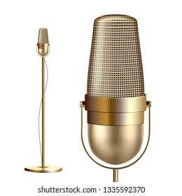 Retro Golden Microphone With Stand Vector. Musician Tool. Media Vocal Element. Illustration