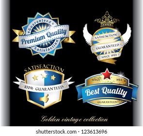 retro golden quality labels in blue color