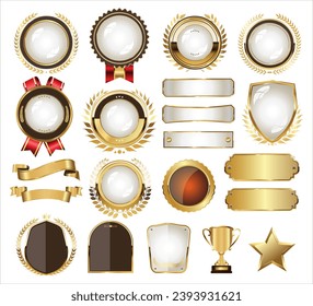 Retro golden ribbons shields labels and laurels vector collection