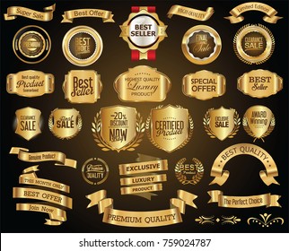 Retro Golden Sale Ribbons And Labels Vector Collection