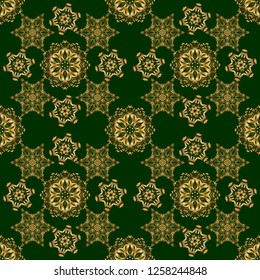 Retro golden seamless pattern. Vintage Golden Scrolls for Ornate Decor in Victorian Style. Vector Design With Golden Elements for Greeting or Business Cards, Invitations and Frames on green Background