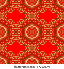 Retro golden seamless pattern. Vintage Golden Scrolls for Ornate Decor in Victorian Style. Vector Design With Golden Elements for Greeting and Business Cards, Invitations and Frames on red Background.