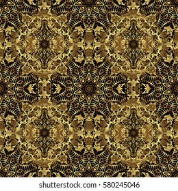 Retro golden seamless pattern. Vintage Golden Scrolls for Ornate Decor in Victorian Style. Vector Design With Golden Elements for Greeting or Business Cards, Invitations and Frames on black Background