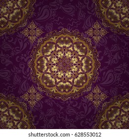 Retro golden seamless pattern. Vintage Golden Scrolls for Ornate Decor in Victorian Style. Vector Design With Golden Elements for Greeting or Business Cards, Invitations on a Purple Background.