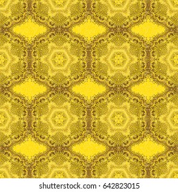 Retro golden seamless pattern. Vintage Golden Scrolls for Ornate Decor in Victorian Style. Vector Design With Golden Elements for Greeting or Business Cards, Invitations on Yellow Background.
