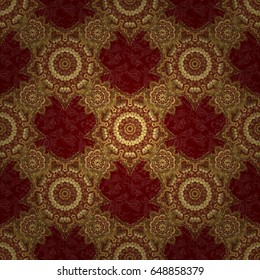 Retro golden seamless pattern. Vintage Golden Scrolls for Ornate Decor in Victorian Style. Vector Design With Golden Elements for Greeting or Business Cards, Invitations and Frames on red Background.