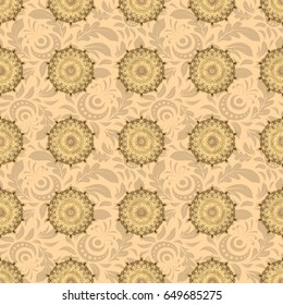 Retro golden seamless pattern. Vintage Golden Scrolls for Ornate Decor in Victorian Style. Vector Design With Golden Elements for Greeting or Business Cards, Invitations and Frames on beige Background