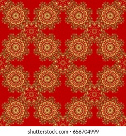 Retro golden seamless pattern. Vintage Golden Scrolls for Ornate Decor in Victorian Style. Vector Design With Golden Elements for Greeting or Business Cards, Invitations and Frames on red Background.