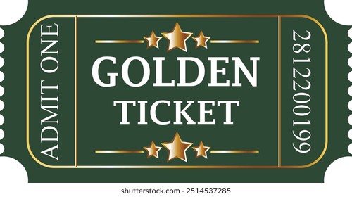 Retro Golden Ticket Template - Admit One. Cinema, theater, circus, casino, concert, party, festival. Ticket with green background and golden letters in old vintage style. EPS 10 vector illustration.