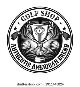 Retro golf emblem or sticker vector illustration. Vintage label with cup, golf club and ball isolated vector illustration. Sport game and championship concept can be used for template