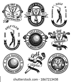 Conjuntos de ilustraciones vectoriales de golf retro o autoadhesivos. Etiquetas vintage con colección de ilustraciones vectoriales aisladas de copa, oro o bola. El concepto de juego deportivo y de campeonato puede utilizarse para la plantilla