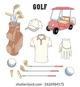Retro Golf equipment Game Day vector clip-art set isolated on white. Boyish Sports Sporty Boy hand drawn illustrations.