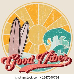 Retro Good Vibes Circle Slogan Illustration with Sun Waves and Surfboards - Graphic Vector Print for Tee / T Shirt and sticker