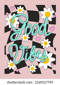 Retro Good Vibes Positive Message Boho Vector Graphic, Vintage Typographic Lettering Saying, 70s Hippie Art, Groovy Artistic Font, Stripe Design, Sticker or Card Concept EPS