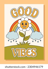 Retro good vibes poster. Chamomile in clearing against backdrop of rainbow with clouds with drops. Rain and storm. Back in 1980s and 1990s. Positive and optimism. Cartoon flat vector illustration