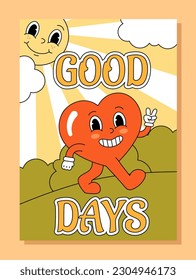 Retro good vibes poster. Heart walking along clearing and meadown under sun. Summer and spring season. Poster or banner for website. Back in 80s and 90s. Cartoon flat vector illustration