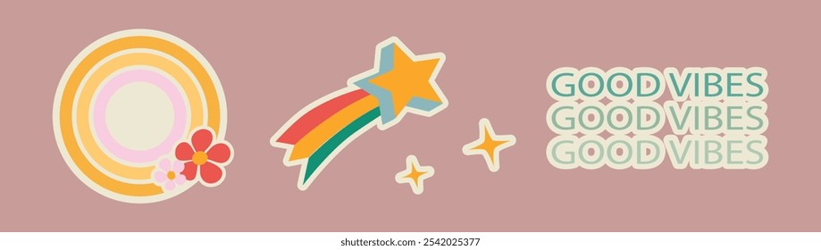 Juego de Vector retro Good Vibes con estrella de tiro arco iris, patrón floral circular y tipografía positiva perfecto para Diseños Antiguas

