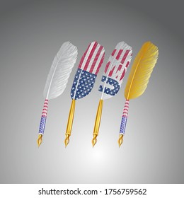 Retro goose quill pen for signing a declaration. Independence Day Fourth of July. USA design. Isolated object on a gray background.