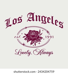 Retro Gothic Floral Los angeles slogan print design.Los Angeles Typography  print tee shirt, sport apparel print. Vintage graphics