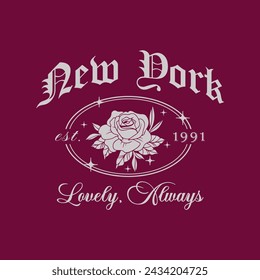 Retro Gothic Floral New York City Slogan Print Design.Los Angeles Typografie Print T-Shirt, Sport Bekleidung Print. Vintage-Grafiken