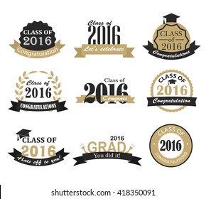 Retro Graduierung 2016 Abzeichen, Zeichen und Symbole mit Graduierungsmütze, Feuerwerk, Cracker, Ballons und Text, Vektorgrafik. Gratulation an Absolventen des Jahres 2016 - Stockvektorgrafik