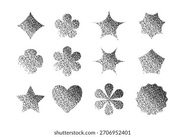 Conjunto de Formas geométricas de gradiente de grano retro. Círculo de ruido Y2k, estrella, flor, formas de estrella. Iconos de chispa punteados negros sobre fondo blanco. Figuras texturizadas de efecto de moda. Vector gritty ilustración.