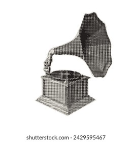 Retro gramophone. Halftone texture, dot pop art style. Vector illustration of vintage grunge  design