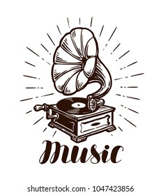 Retro gramophone. Music concept. Vintage sketch vector illustration