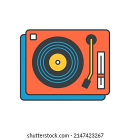 Retro gramophone with music plate top view pop art t shirt print vector cartoon illustration. Vintage record player sound manual instrument technology comic groovy style isolated on white