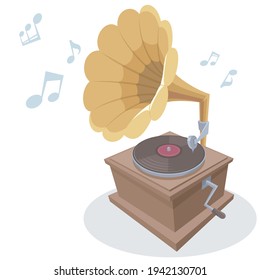 Retro gramophone playing music on isolated white background. Vector illustration in flat cartoon style.