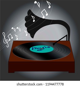  retro gramophone poster with  vinyl records,  vector illustration
