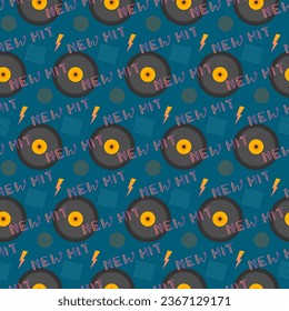 Retro gramophone records. Vector pattern on a colored background. Memphis style elements. For social networks, posters, clothing and other designs, flyers.