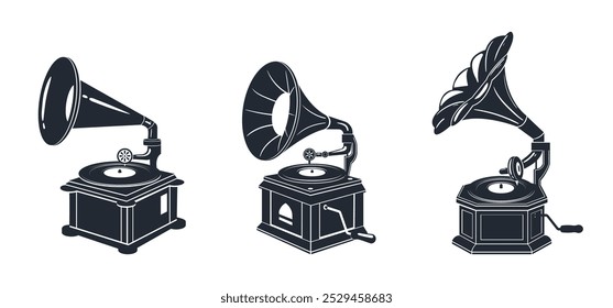 Retro gramophone silhouettes. Nostalgic music devices for listening music, antique gramophone player flat vector illustration set. Vintage gramophones silhouette