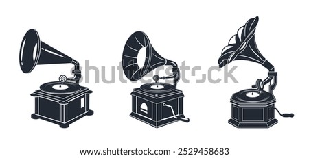 Retro gramophone silhouettes. Nostalgic music devices for listening music, antique gramophone player flat vector illustration set. Vintage gramophones silhouette