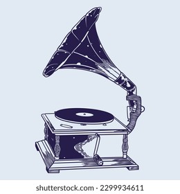 Retro Gramophone - Vintage Music Player in Bronze - Hand Drawing Sketch