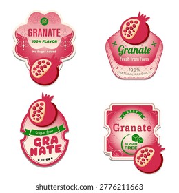Retro granate banner and labels. Different granate juices and jam stickers. Packaging tags with granate. Set of seasonal fruits labels stickers and marks or badges template for packaging