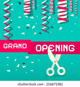 Retro Grand Opening Vector Illustration with Confetti and Scissors