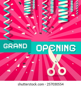 Retro Grand Opening Vector Illustration with Confetti and Scissors on Pink Background