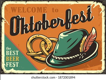 Retro grange poster with beer pretzels and bavarian hat with a feather for oktoberfest