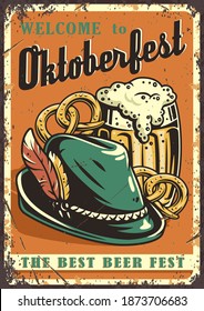 Retro grange poster with beer pretzels and bavarian hat with a feather for oktoberfest