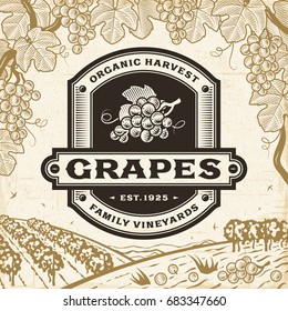 Retro grapes label on harvest landscape. Editable EPS10 vector illustration in woodcut style with clipping mask and transparency.