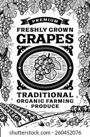 Retro grapes poster black and white. Fully editable vector illustration with clipping mask.