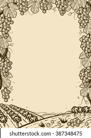 Uvas retro marco marrón vertical. Ilustración vectorial editable con máscara de recorte.