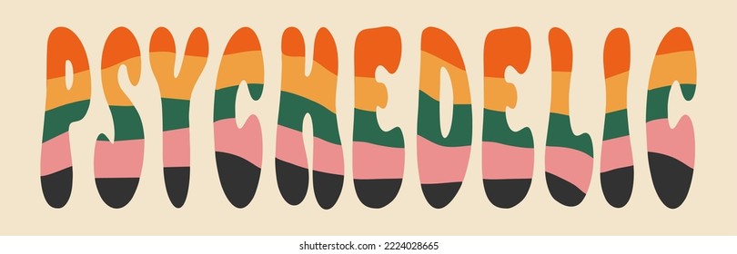 Retro graphic, boho style hippie design illustration. Psychedelic, floating rainbow font. Poster or sticker, funny vintage typographic font vector.
