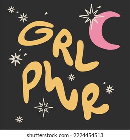 Retro graphic, boho style hippie design illustration. Girl power. Psychedelic, floating font. Poster or sticker, funny vintage typographic font vector.