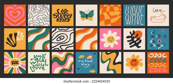 Retro graphic, boho style hippie design illustration set. Psychedelic floating text, a flower with a face, doodles, a butterfly, plants and more. Vintage positive posters.